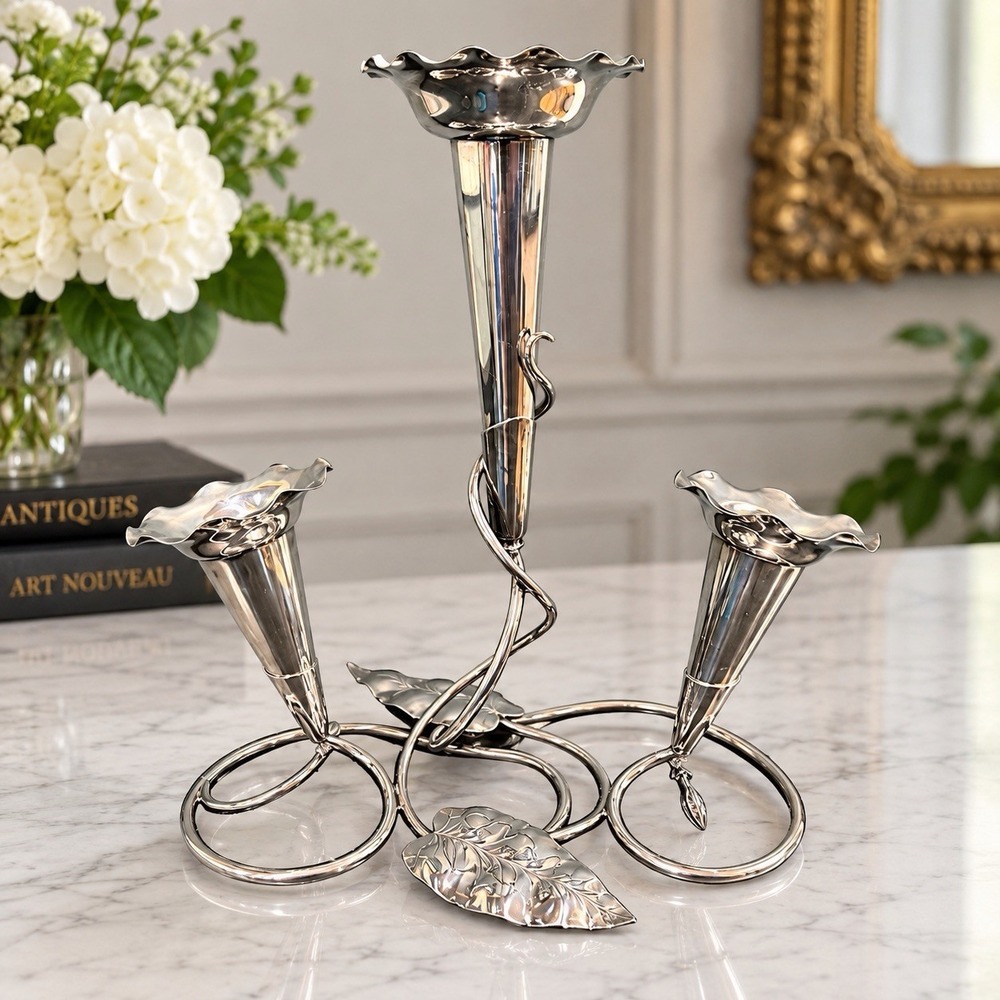 Antique c1901-1906 EPNS Silver Plate Epergne 3 Trumpet Vase Art Nouveau 11.5"